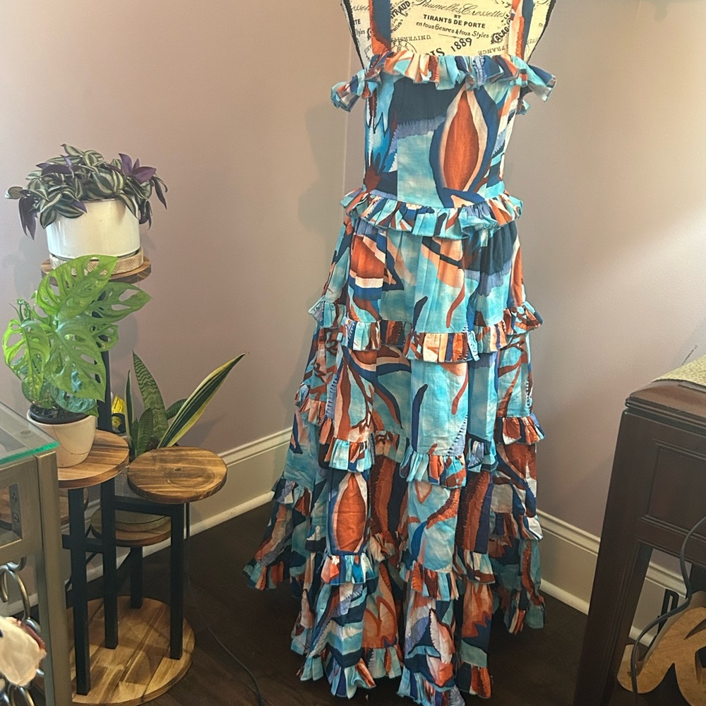 Odette boutique brand-size Small-Vibrant Blue and Pink Ruffled Maxi Dress